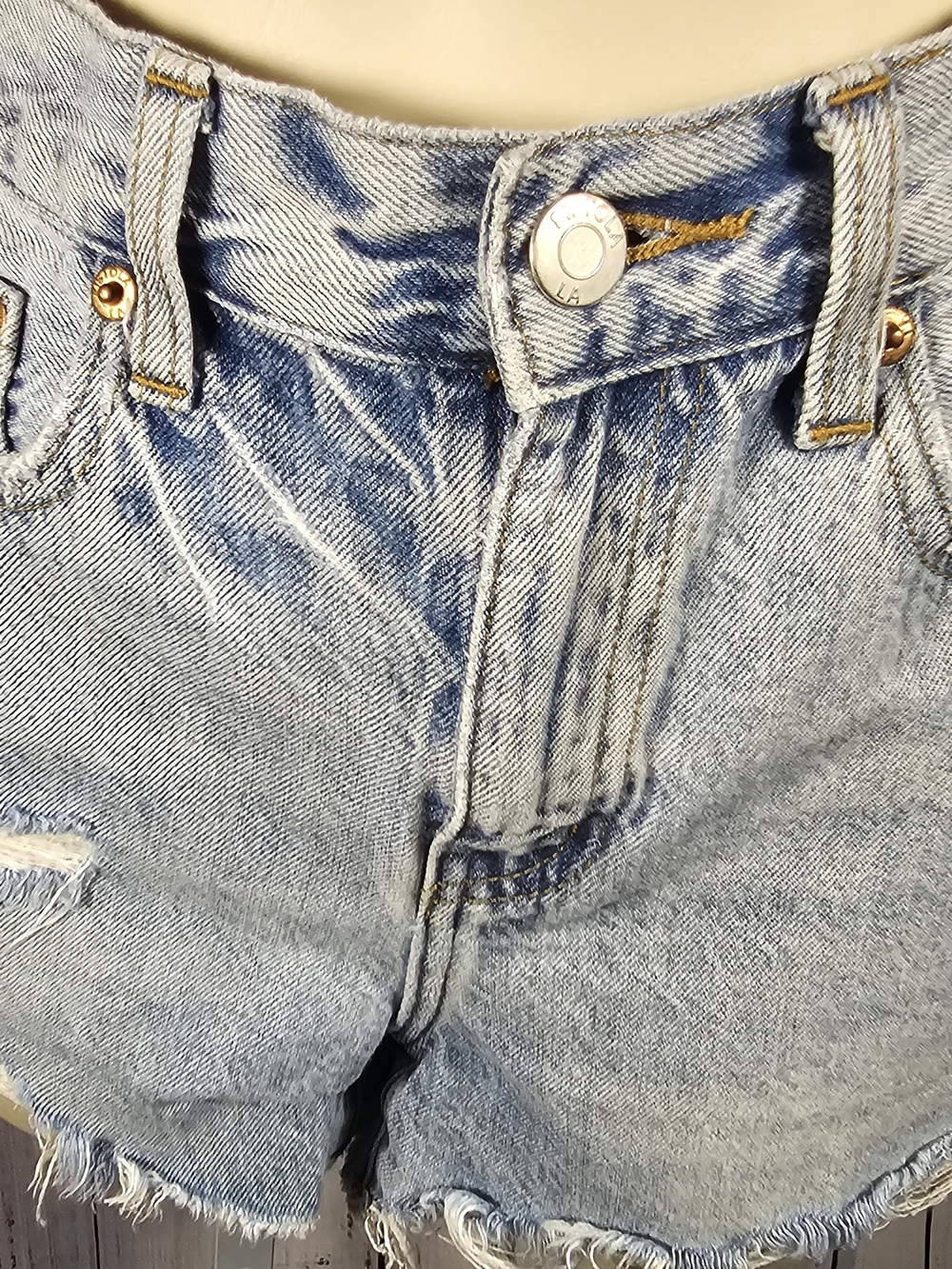 Pistola High Rise Distressed Denim Shorts Light Wash Cutoff Frayed Hem Size 24